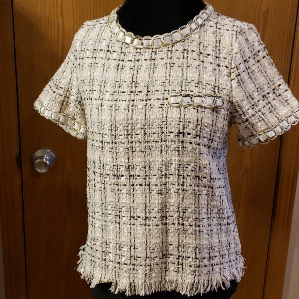 Shein tweed ribbon trimmed black white glitter top